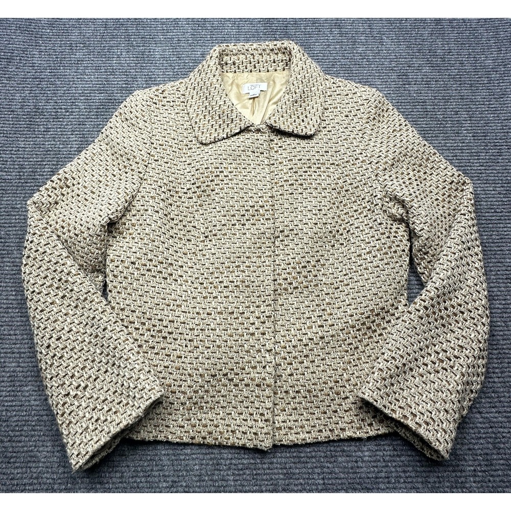 Ann‎ Taylor Loft Jacket Womens 16 Beige Tweed Collared Lined Snap Front Short